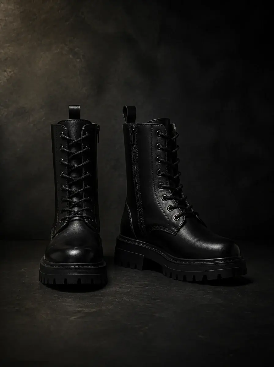 Black leather combat boots