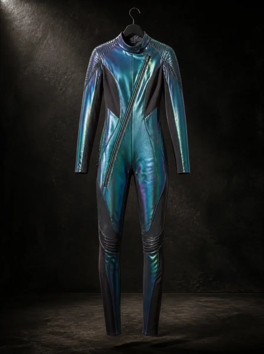 Iridescent space-racer bodysuit